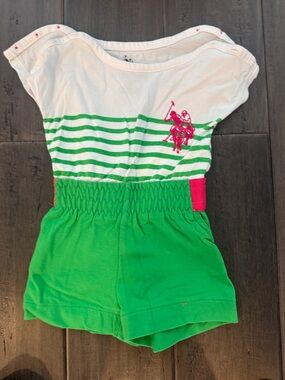 U.S. Polo Assn. Green White Pink Striped Girls One-Piece Romper